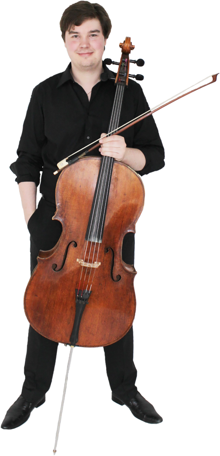 a young man in black shirt holding a cello
