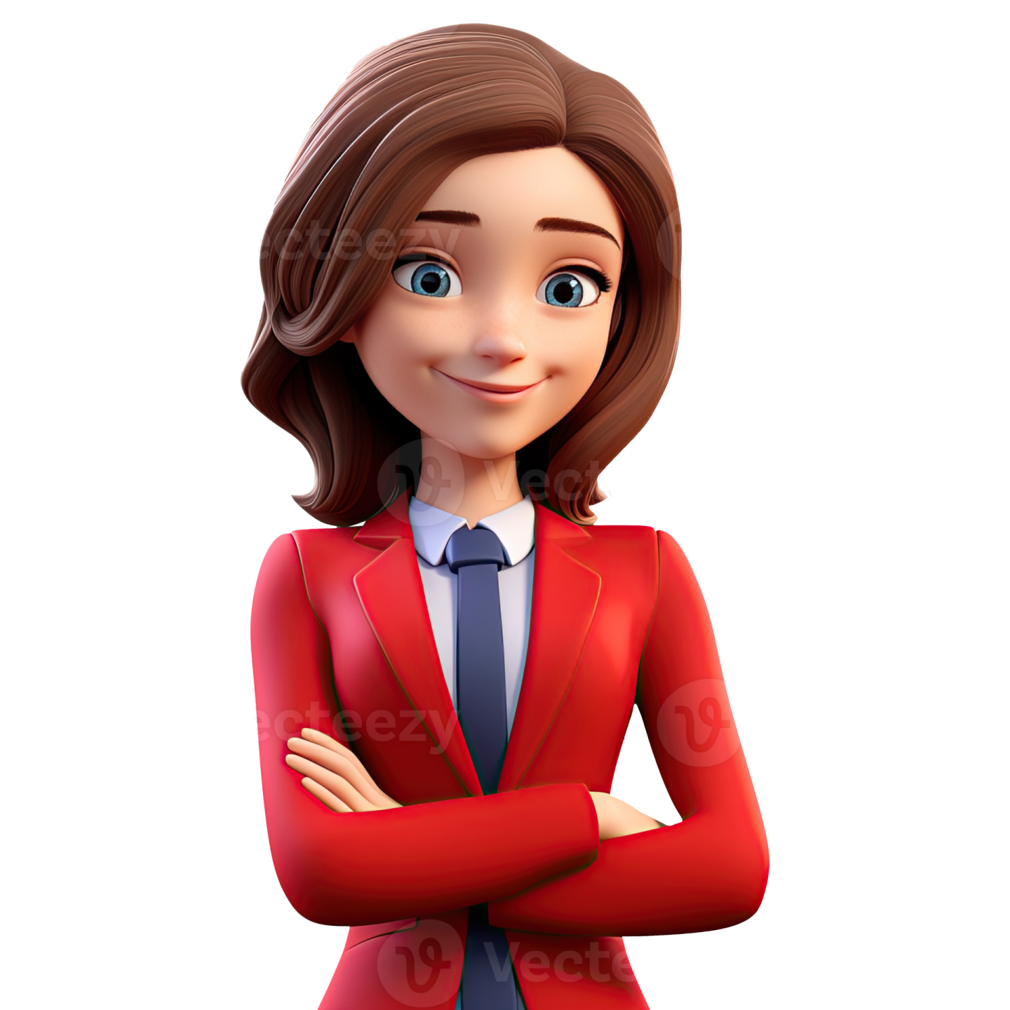 a woman in a red jacket and tie standing with her arms crossed