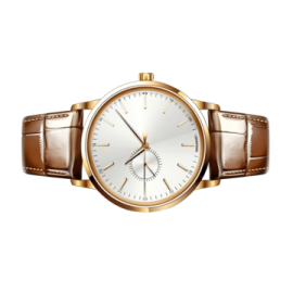 a watch with a white dial and brown leather strap