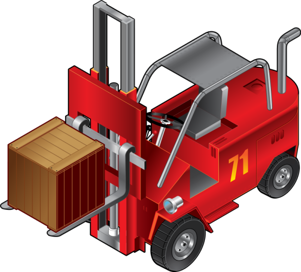 a red fork truck with boxes on the back