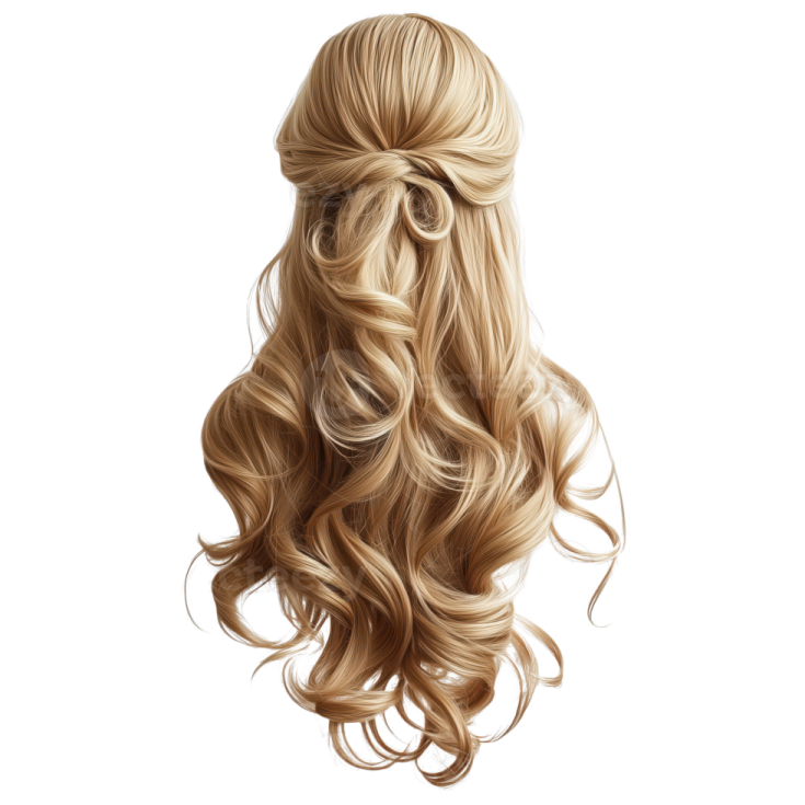 a woman with long blonde hair in a half up ponytail