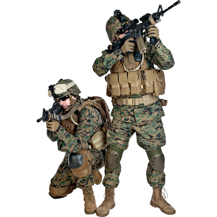 two soldiers in camouflage clothing with rifles