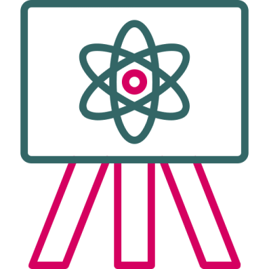a whiteboard with an atom symbol on it