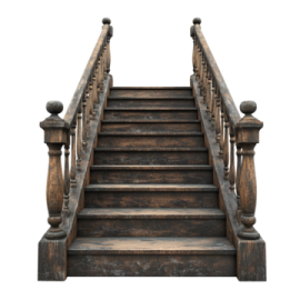 an old wooden staircase on a white background