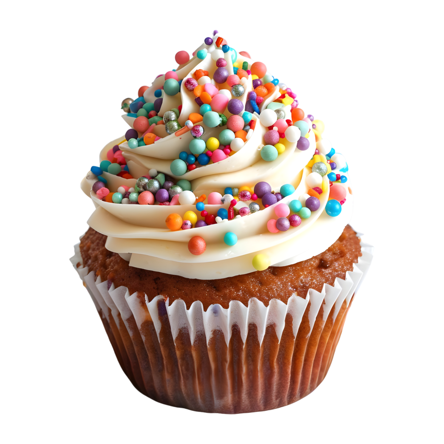 a cupcake with white frosting and sprins