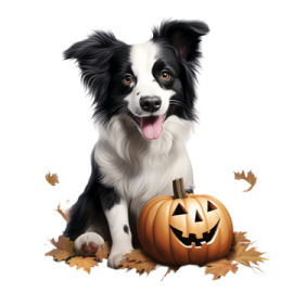 a black and white dog sitting next to a pumpkin