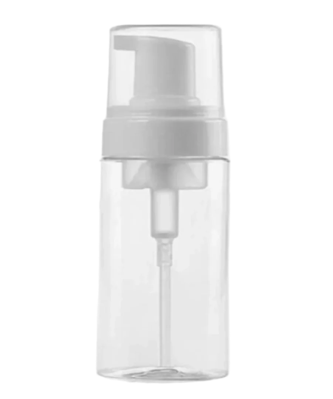 a clear bottle with a white cap on it