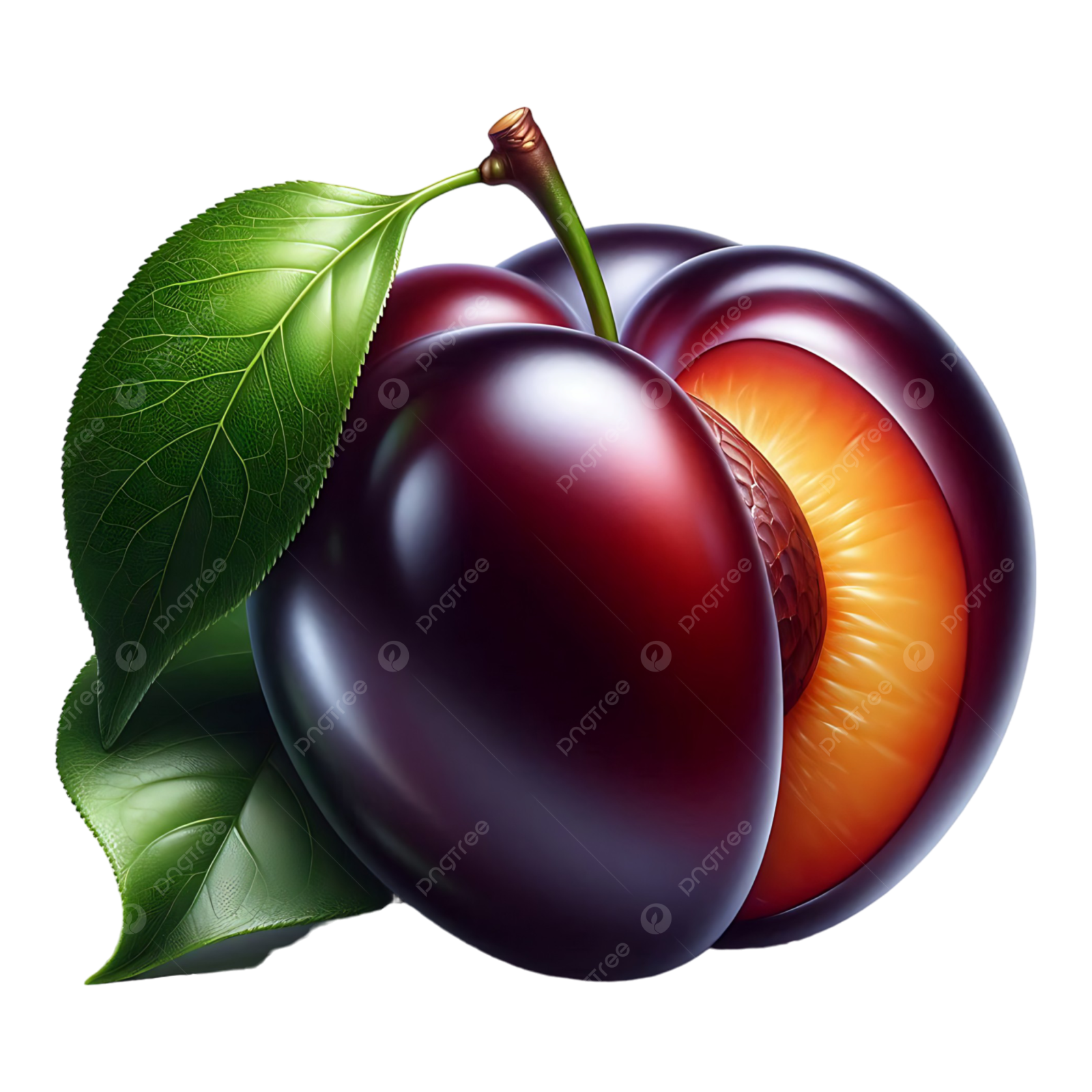 two plums with leaves on a white background