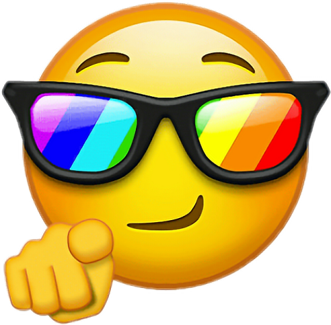 a yellow smiley wearing sunglasses and pointing at the camera