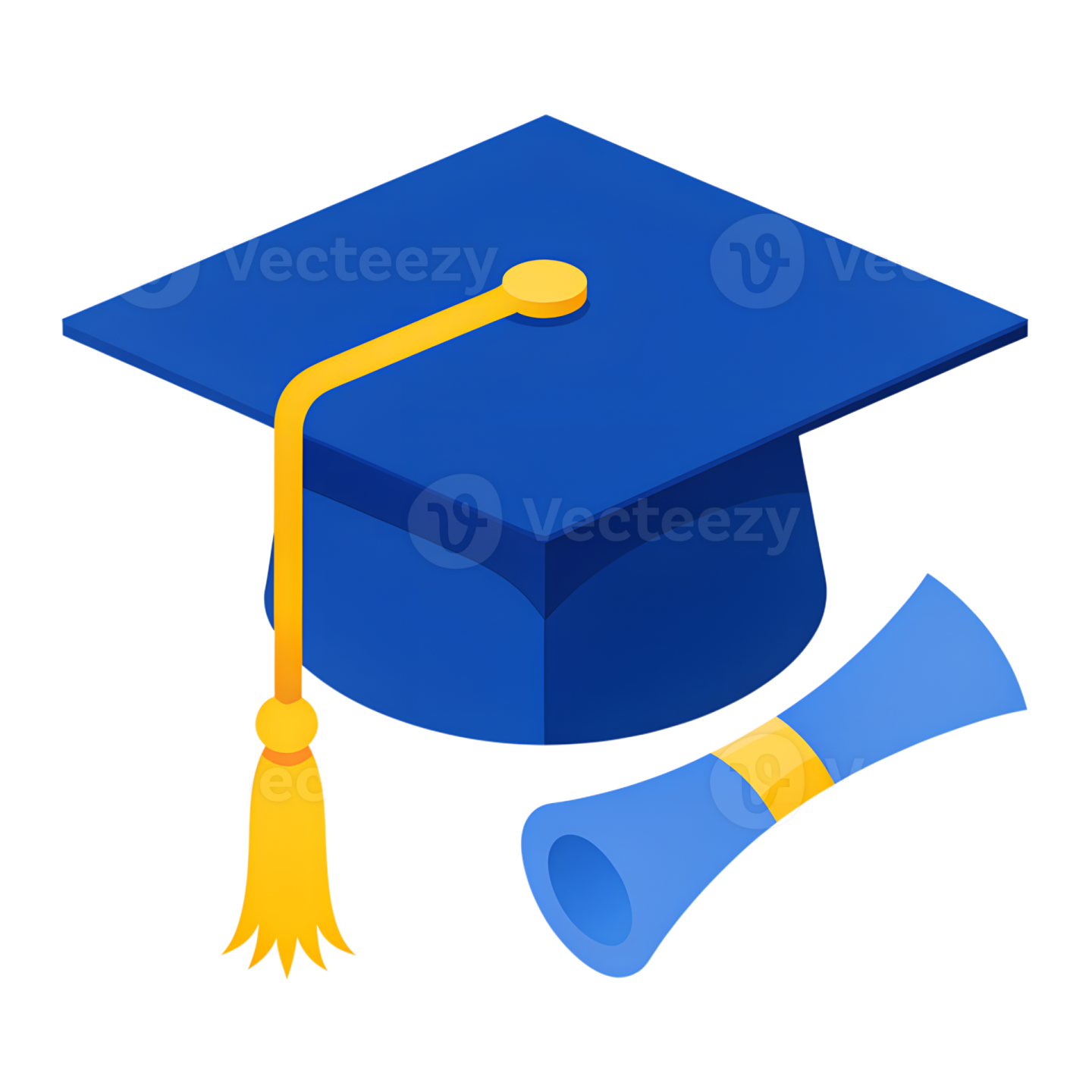 a blue graduation cap with a yellow ta