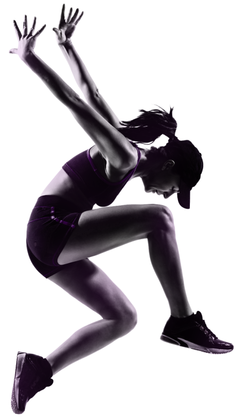 a woman jumping in the air on a white background