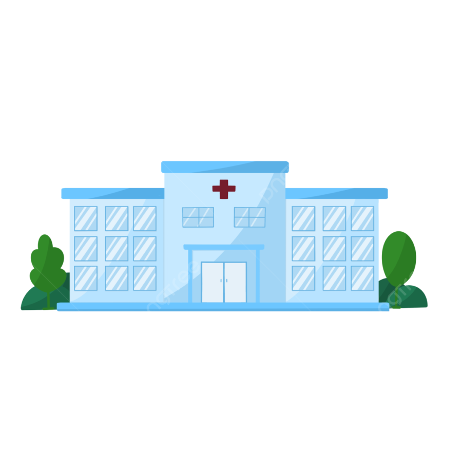 a hospital building with a cross on the front