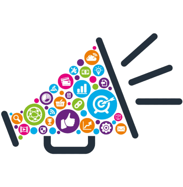 a megaphone with social icons surrounding it