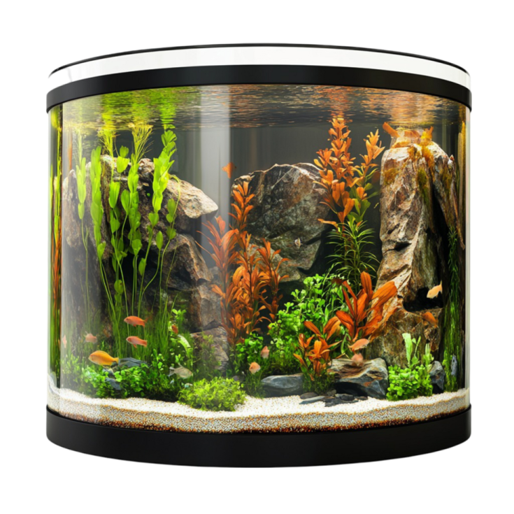 a fish tank filled with plants and rocks
