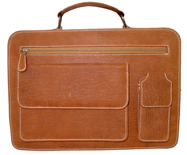 a brown leather briefcase with white stitching