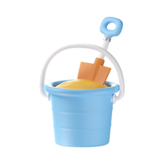 a blue bucket with a shovel in it