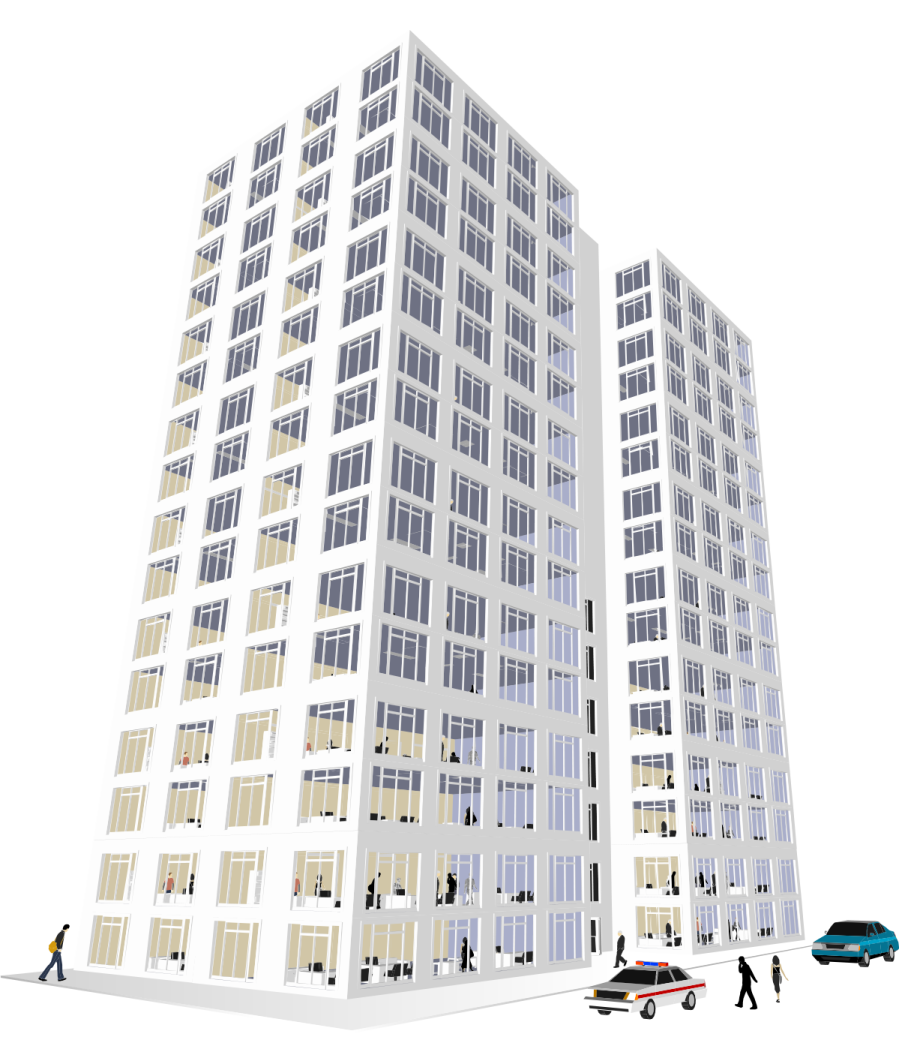 a drawing of a building with people walking around it