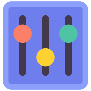 a blue square icon with three different colored circles