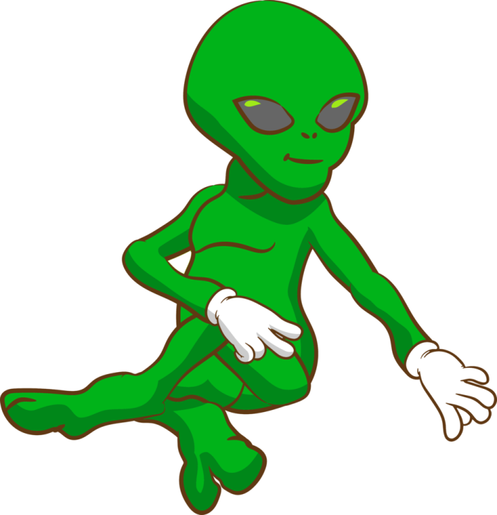 an alien with green skin and black eyes