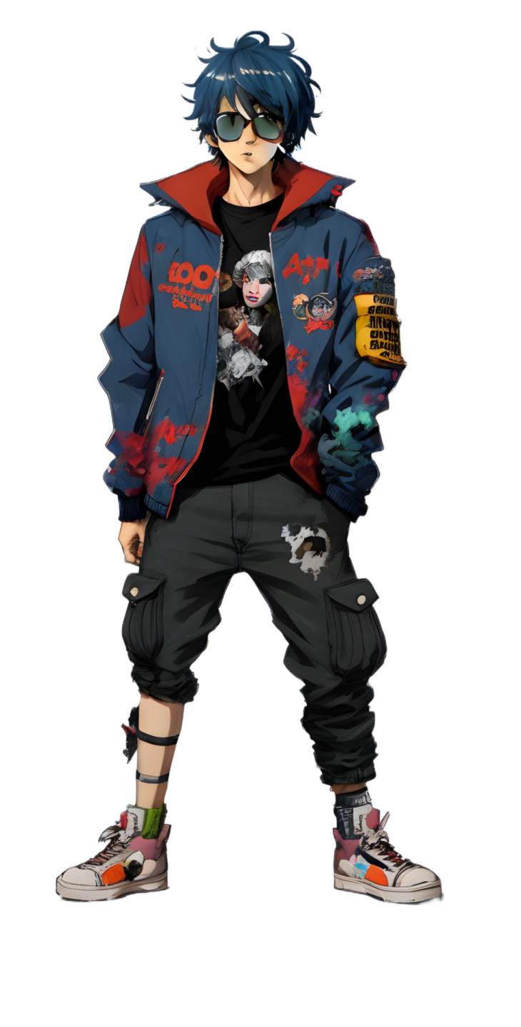 a man with blue hair wearing a red jacket and black pants, standing in front of a white background