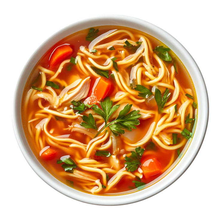 a bowl of chicken noodle soup on a white background