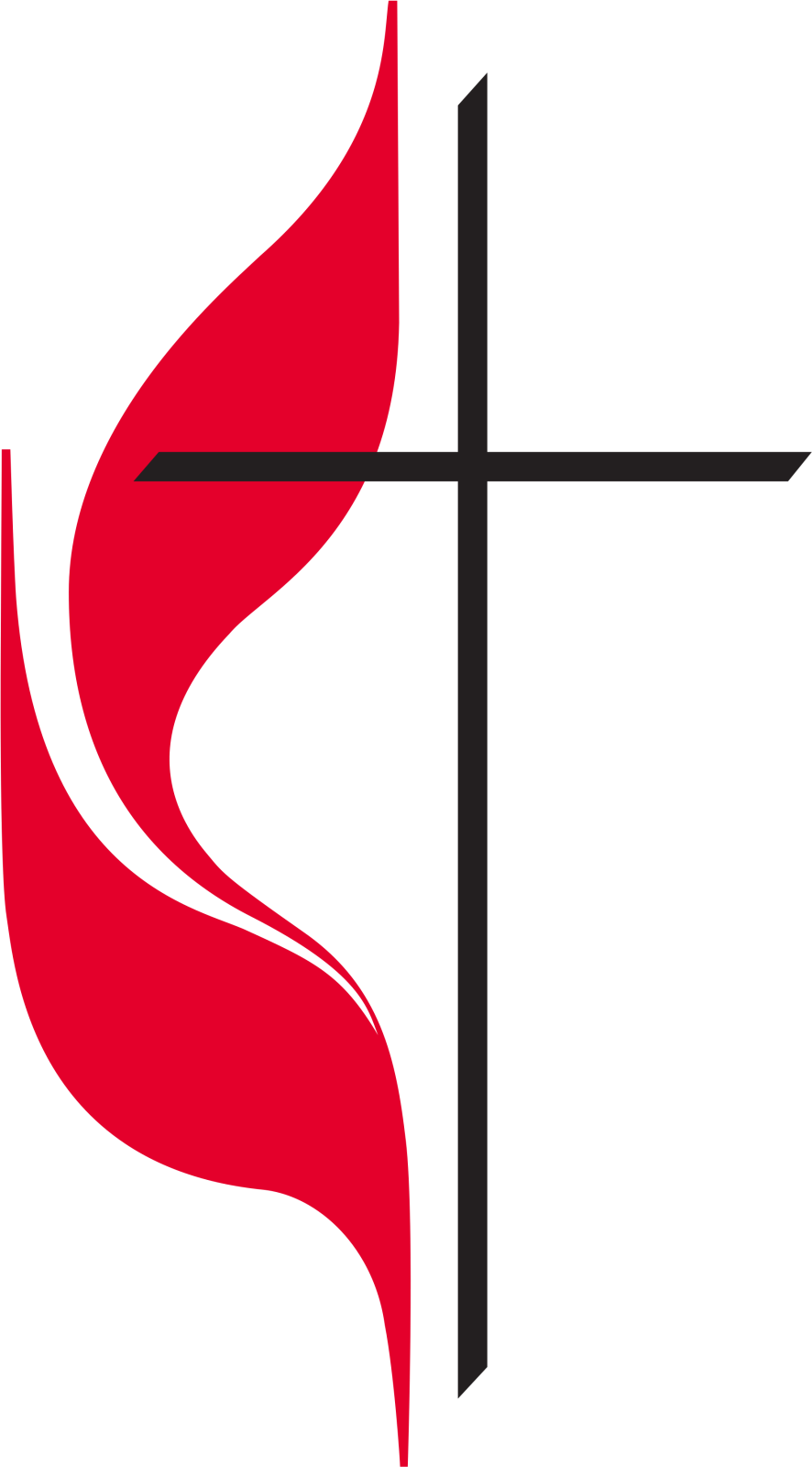 a cross with a red flame on it