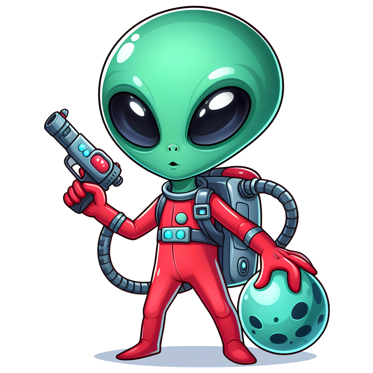 an alien with a gun in his hand