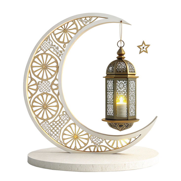 a white and gold moon with a lantern on top