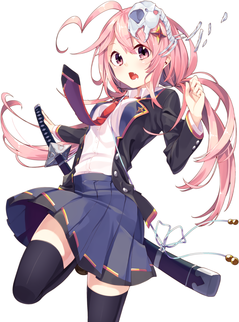 an anime girl with long pink hair, wearing a school uniform and holding a sword