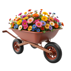 a wheelbar with flowers in it