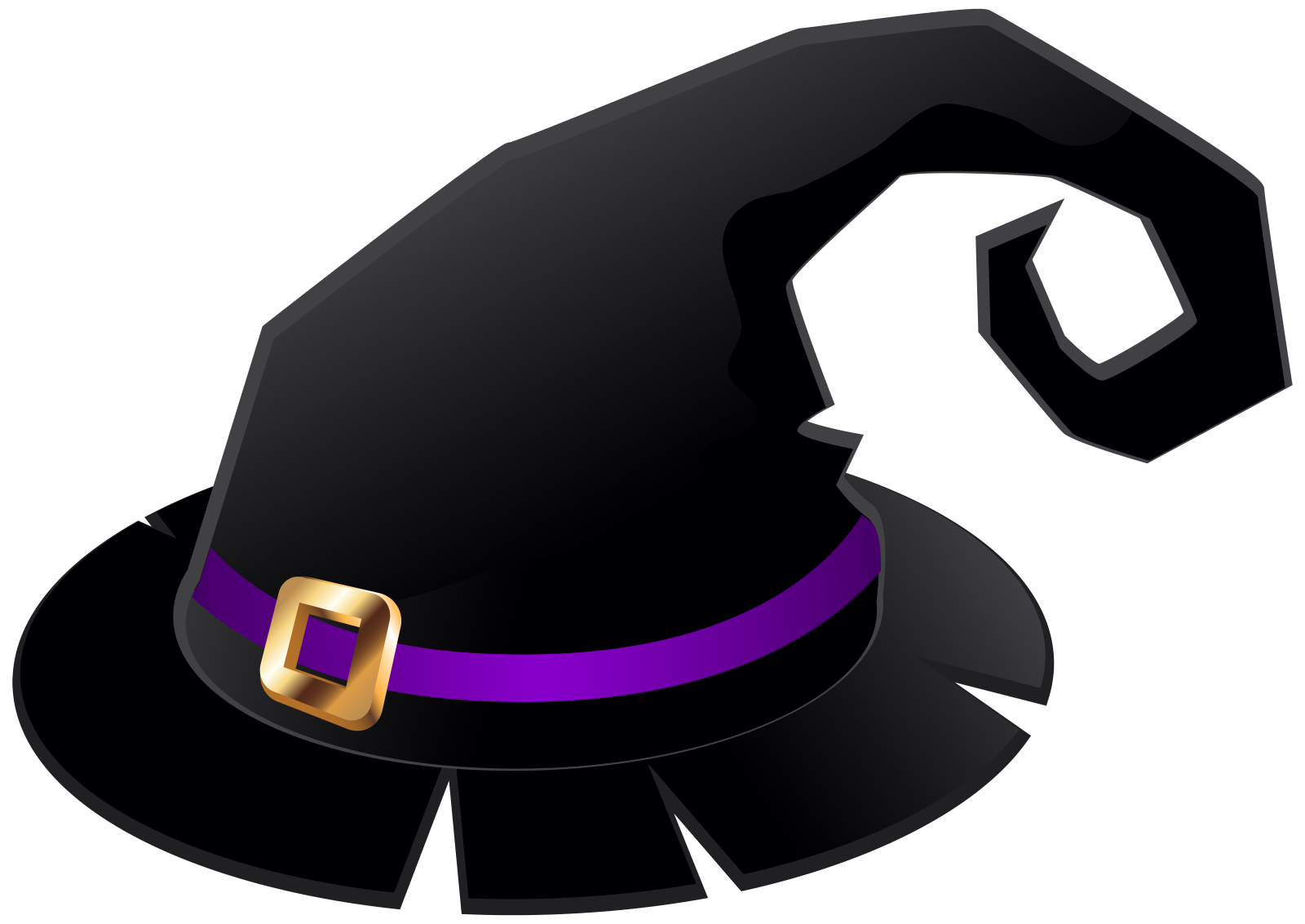 a black witch hat with purple ribbon