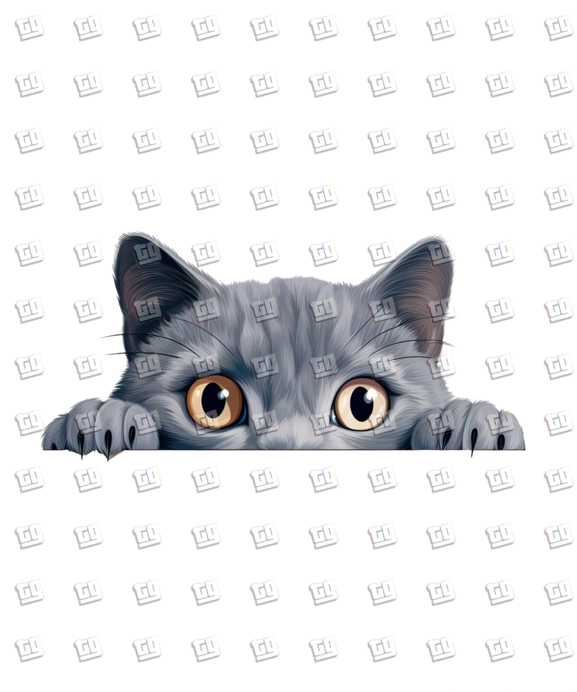a gray cat peeking out from behind a white wall