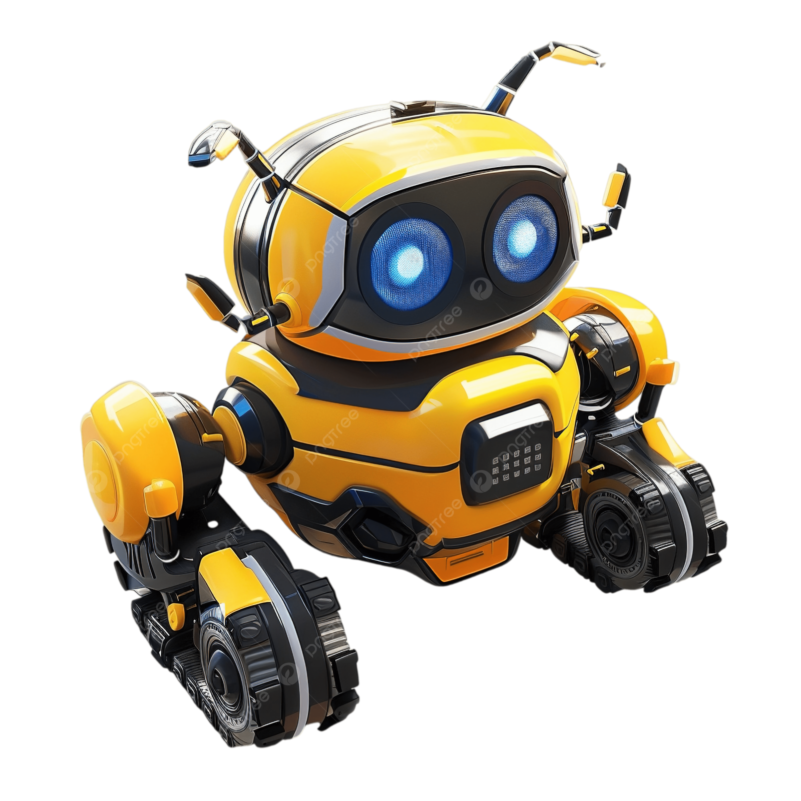 a yellow and black robot with blue eyes