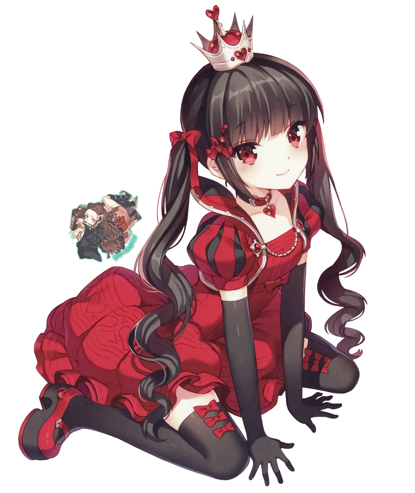 a girl with long black hair and a red dress sitting on the floor
