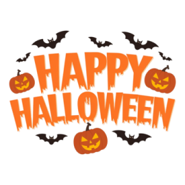 a happy halloween sign with bats and pumpkins