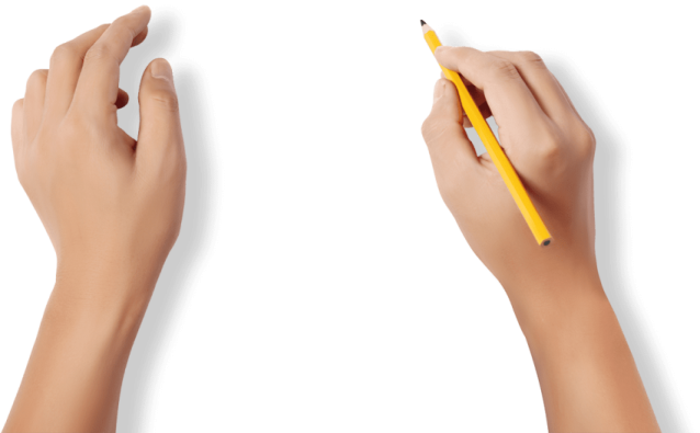 two hands holding a pencil and writing on a white board