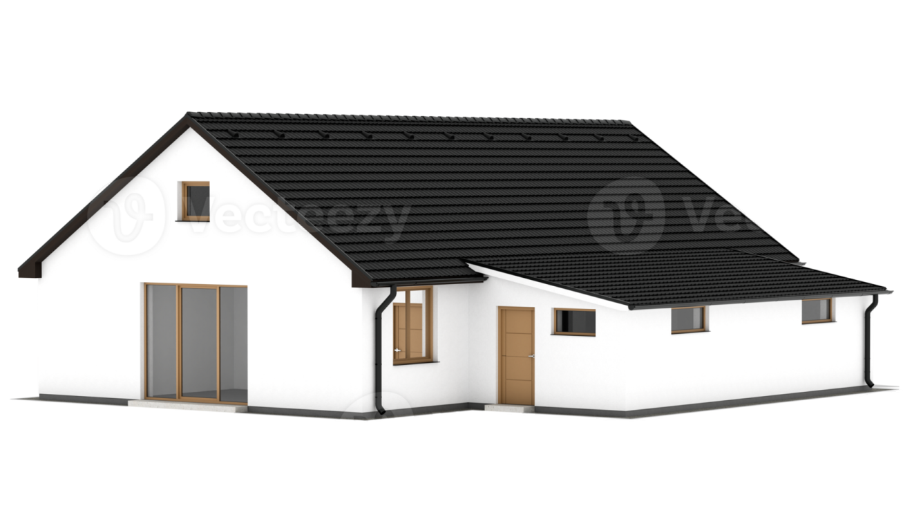 a small white house with a black roof