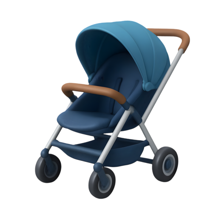 a blue stroller with a wooden handle