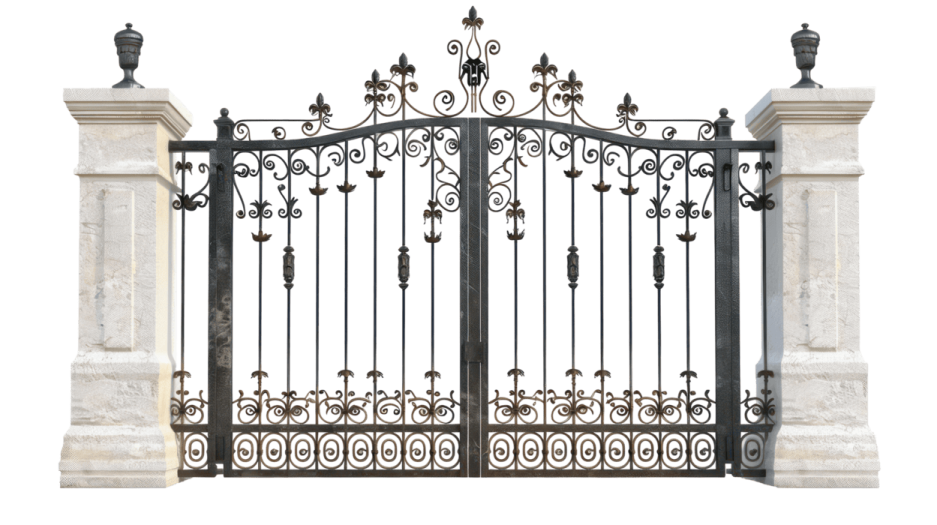 a wrought iron gate on a white background