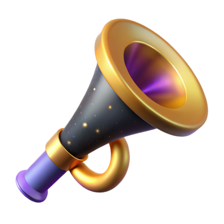 a purple and gold megaphone with a white background