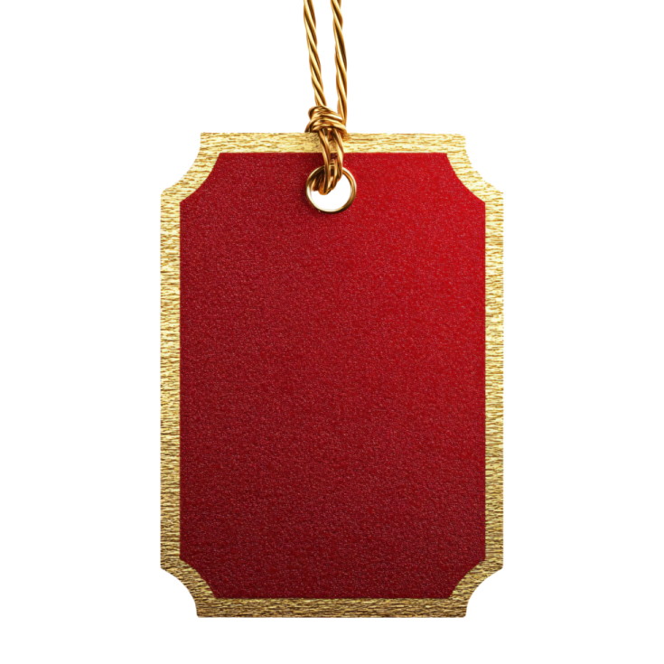 a red and gold tag on a white background