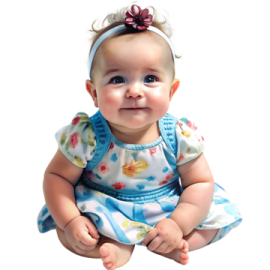 a baby sitting on the floor wearing a blue dress
