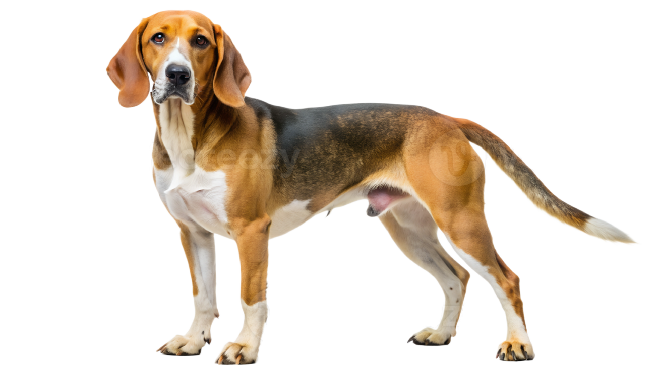 a brown and black dog standing on a white background