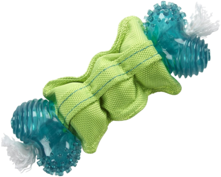 a green and white dog toy with a blue bow