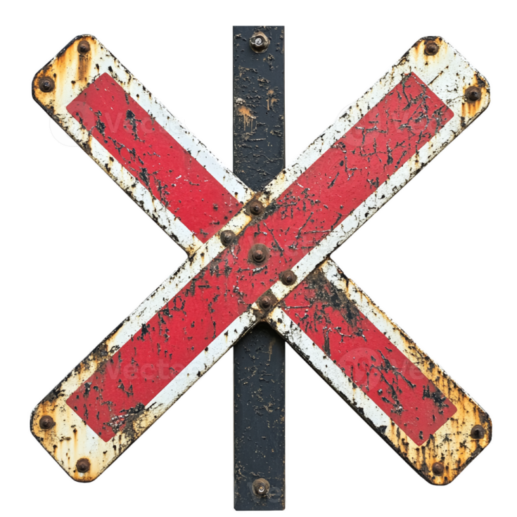 an old red and white railroad crossing sign