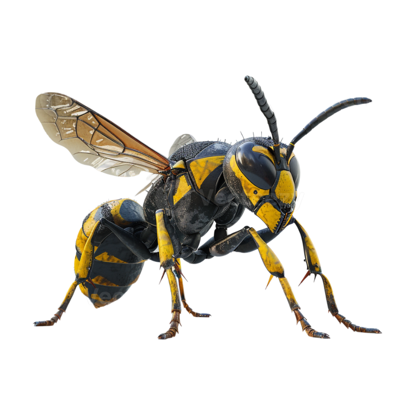 a black and yellow bee on a white background