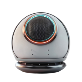 a speaker with a blue light on top
