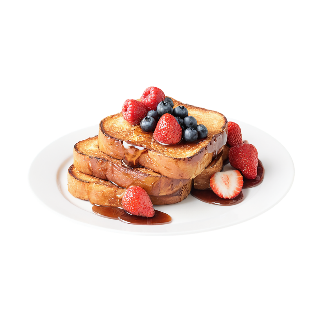 a white plate topped with french toast and berries