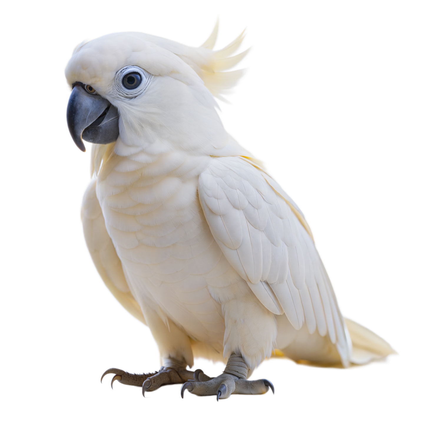a close up of a white parrot with blue eyes