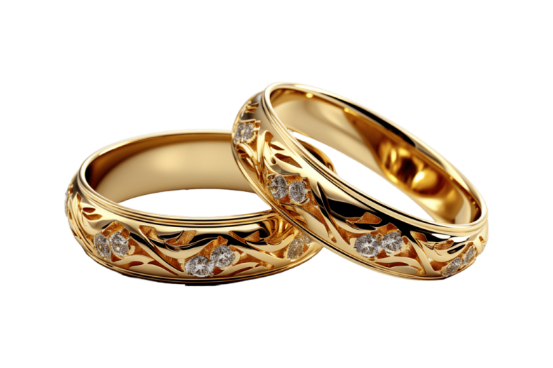 two gold wedding rings with diamonds
